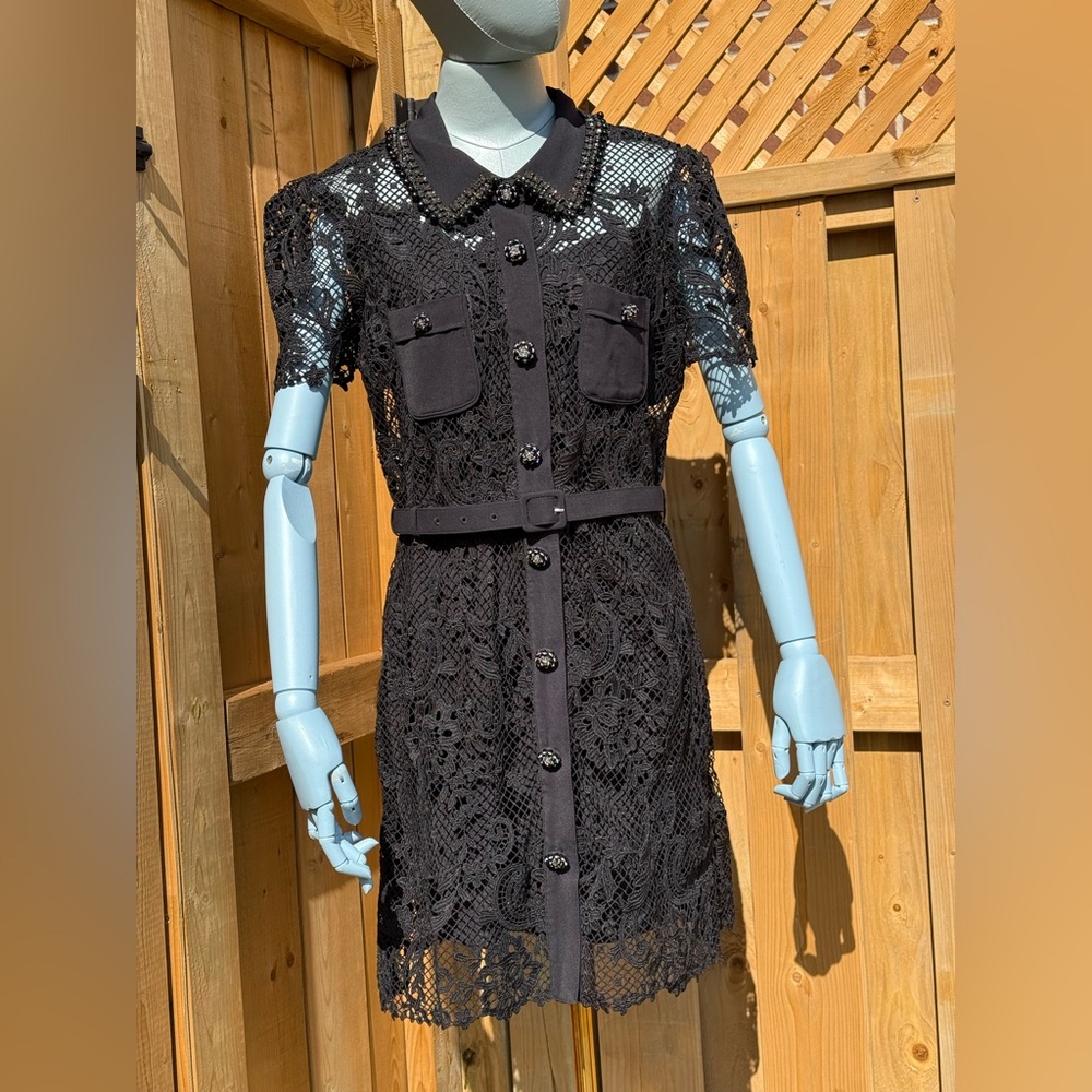 🆕 SELF PORTRAIT 🧿 NWOT Black Lace Button Front Mini Dress, Sz UK 14 US 10 - Picture 3 of 17